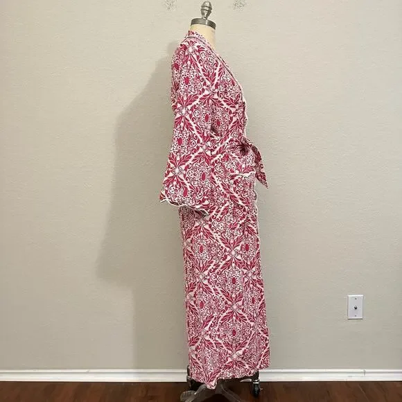 HEIDI CAREY Filigree Kimono Robe Red White Floral Long Sleeve Lounge - Picture 7 of 13